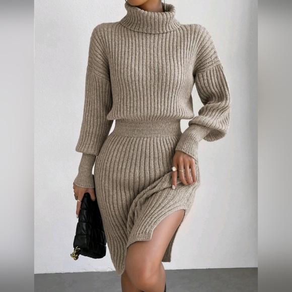 NEW Luxe Ribbed Knit Turtleneck Sweater Dress Long Sleeve Tan Beige - Picture 2 of 8